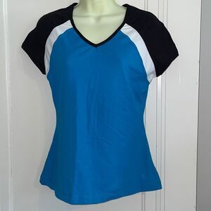 Nwot‎ Danskin Now aqua blue, white & black V neck cap  sleeve exercise T-shirt